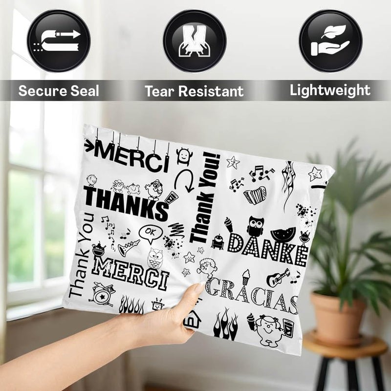 Shop4Mailers 12 x 15.5 Glossy Decorative Thank You Plastic Poly Mailer Bags Waterproof Shipping Mailing Envelope 2 Mil â€“ Permanent Adhesive Seal (100 Pack, Multi-Language) - Image 4